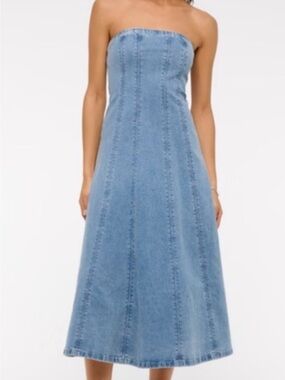 Abercrombie & Fitch Strapless Midi Denim Dress - Medium Wash Blue